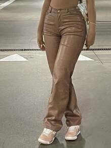 女士高腰亮面PU皮革阔腿裤，哑光涂层，时尚百搭，适合派对、通勤、音乐节、度假等场合，休闲直筒裤，春夏服装，畅销款，Y2K风格，适合派对、通勤、假日、节日、户外活动等场合，春夏穿着，适合高个女性，搭配单品，黑色，长裤 - 卡其色 - 查看 7