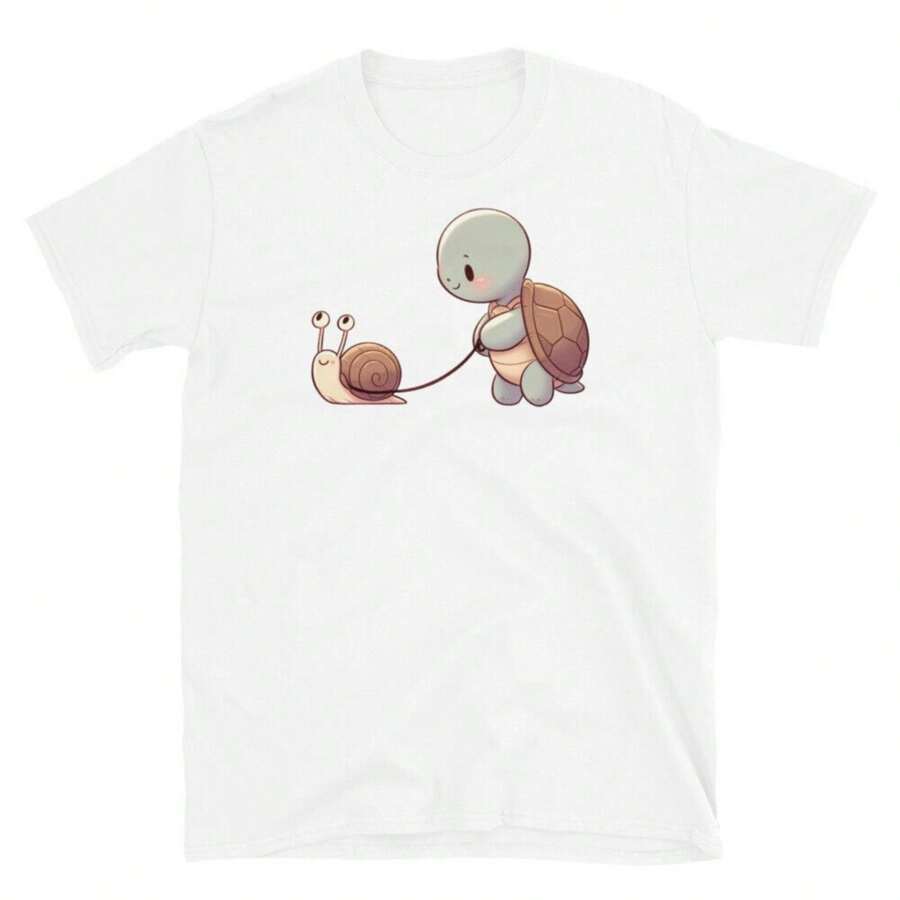 Turtle & Snail Cute Funny T-Shirt - Animal Lover Graphic Tee - White - View 1