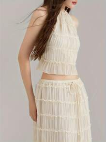 Women Y2k Two Piece Maxi Skirt Sets Beach Vacation Outfit Boho Sleeveless Ruched Halter Crop Cami Tops Backless Tank Tops And Long Swing Skirt Pleated Retro Tulle Chiffon Flowy Skirt Going Out Set 2 Piece Outfits Summer Holiday Party Outfit - 杏色 - 查看 4