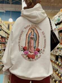 Men's Casual Flannel Kangaroo Sweatshirt With Pocket And Hat Virgen De Guardalupe - Beis - Ver 1
