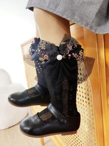 1 para dziewczęcych skarpetek z siateczki Pearl 3-warstwowej z kokardą w jednolitym kolorze