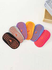 6 双儿童室内地板袜，纯色休闲乳胶防滑全棉短袜，学生袜 - 彩色 - 查看 3