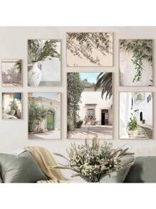 1 件斯堪的纳维亚简约波西米亚风格墙壁艺术西班牙建筑绿叶芦苇海报图片印刷帆布画印刷墙壁艺术画适用于客厅装饰卧室办公室酒吧美学装饰无框架