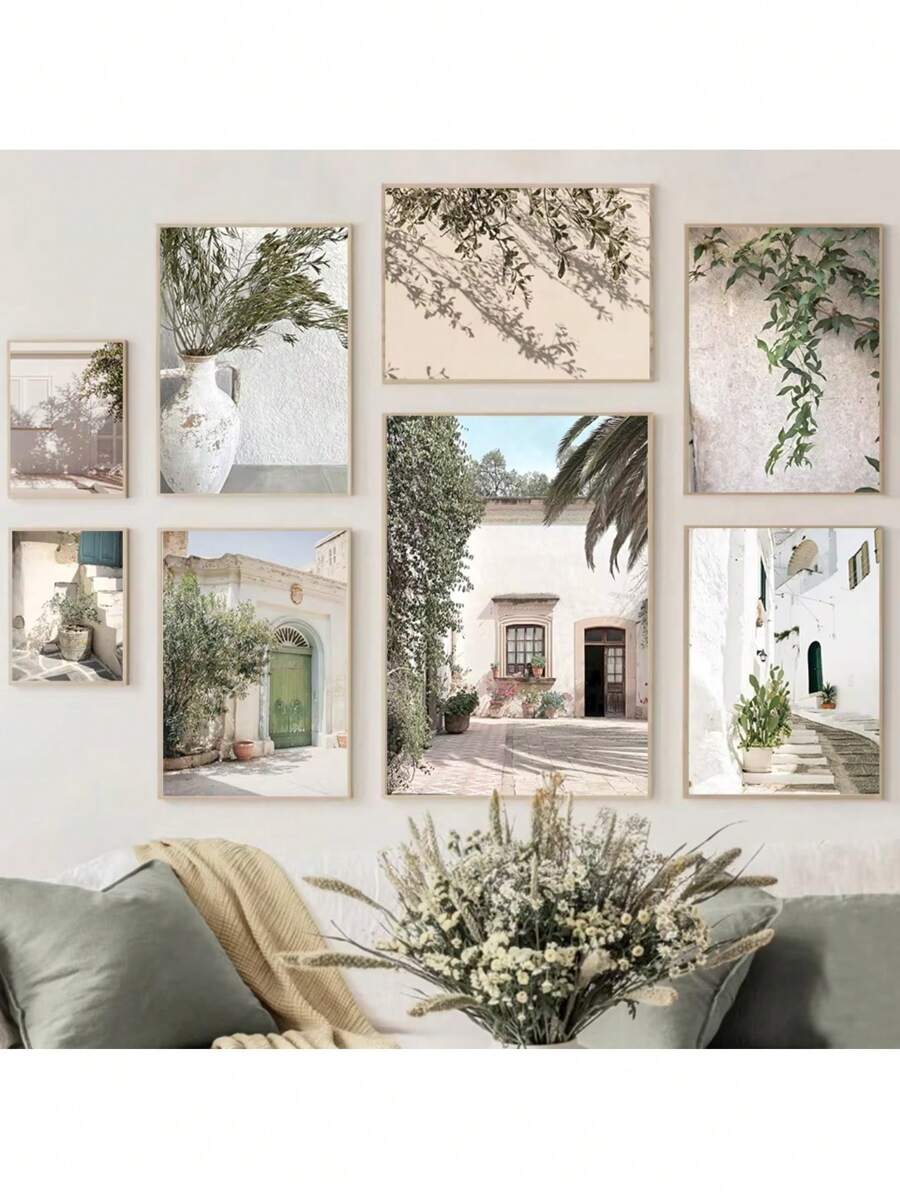 1 件斯堪的纳维亚简约波西米亚风格墙壁艺术西班牙建筑绿叶芦苇海报图片印刷帆布画印刷墙壁艺术画适用于客厅装饰卧室办公室酒吧美学装饰无框架