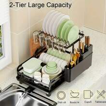 Dish Drying Rack  2 Tier Dish Drying Rack Foldable Dish Drainer With Drain Board Utensil Holder, For Kitchen Counter Cups Dishes Cutlery, Space-Saving - Black - View 4