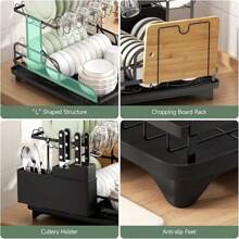 Dish Drying Rack  2 Tier Dish Drying Rack Foldable Dish Drainer With Drain Board Utensil Holder, For Kitchen Counter Cups Dishes Cutlery, Space-Saving - Black - View 7