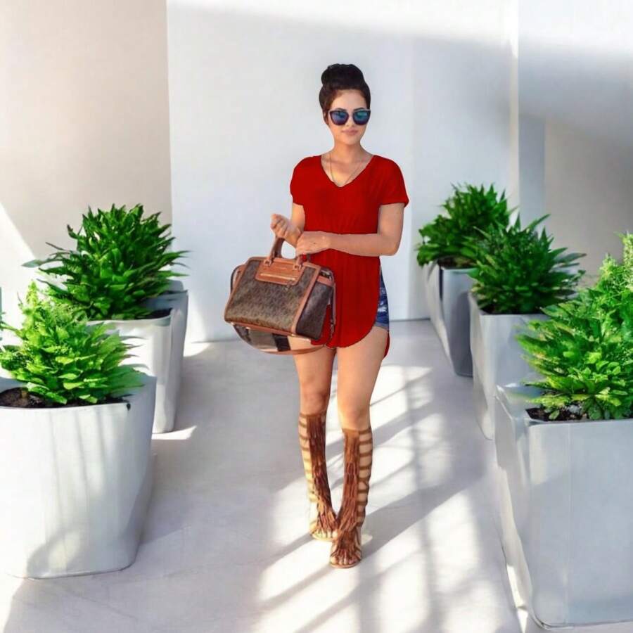 SEXY CASUAL V NECK SLIPPED BLOUSE FOR WOMEN #BERLIN - Red - View 1
