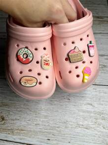 New 2025 Summer Lightweight Women Hollow Slip-On Sandals With Cake & Ice Cream Cartoon Pattern, Breathable Casual Beach Slides With Removable Flower Decor, DIY Combination (Size Runs Small, Please Order 1 Or 2 Sizes Up)