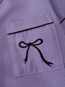 2pcs/Set Comfortable Collared Single-Breasted Short Sleeve Pocket Bow Embroidered Blouse & Bow Shorts Women Pajamas Set, Suitable For Home Use In Spring/Summer, Two Pieces Set