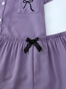 2pcs/Set Comfortable Collared Single-Breasted Short Sleeve Pocket Bow Embroidered Blouse & Bow Shorts Women Pajamas Set, Suitable For Home Use In Spring/Summer, Two Pieces Set