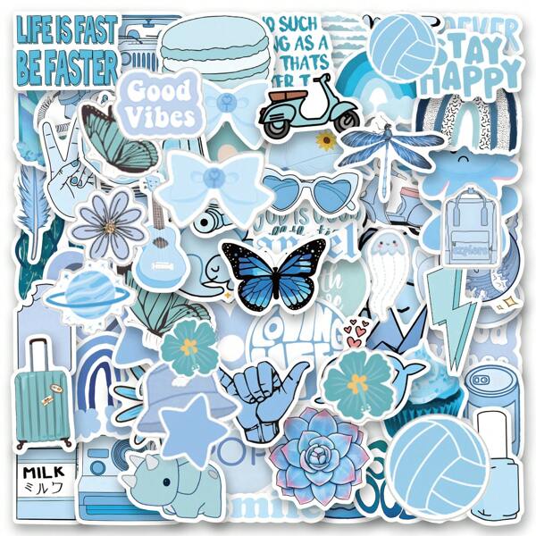 115Pcs Danish Pastel Blue Stickers Decals, Girl's Blue Graffiti Aesthetics Decor Vinyl Waterproof Stickers For Computer, Water Bottle, Luggage, Laptop,Phone, Notebook