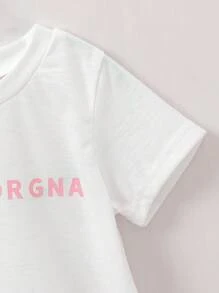 2 piezas Camiseta de manga corta con estampado de letras y vaqueros largos de denim con decoración de lazo 3D y bolsillos para niñas bebés, lindo y fresco, adecuado para salir, estar en casa, fiesta