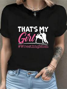 100% Cotton Women's Wrestling Mom Proud Mom Print Women's Gift T-Shirt, Round Crew Neck Soft Short Sleeve T-Shirt For Spring Summer, Fun Graphic Tops T-Shirts For Women - 黑色 - 查看 1