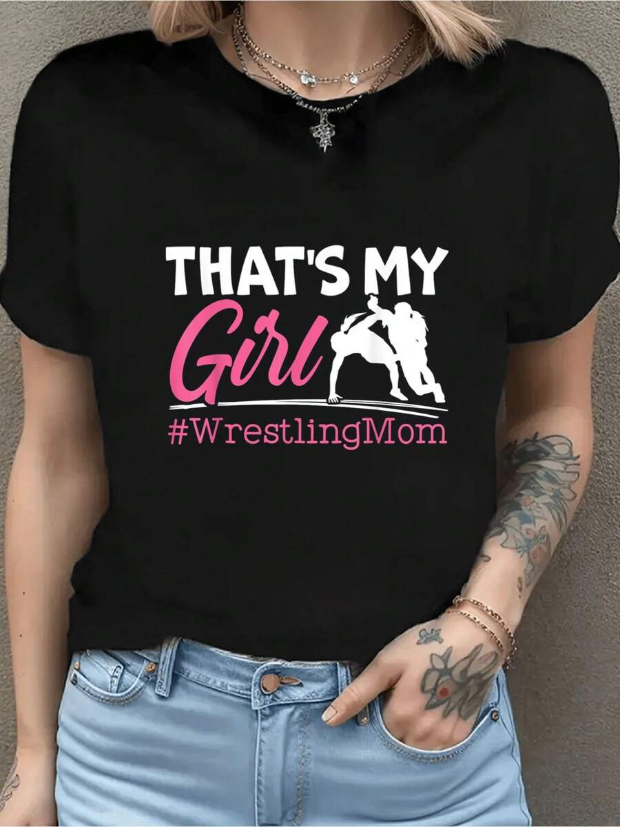 100% Cotton Women's Wrestling Mom Proud Mom Print Women's Gift T-Shirt, Round Crew Neck Soft Short Sleeve T-Shirt For Spring Summer, Fun Graphic Tops T-Shirts For Women - 黑色 - 查看 1