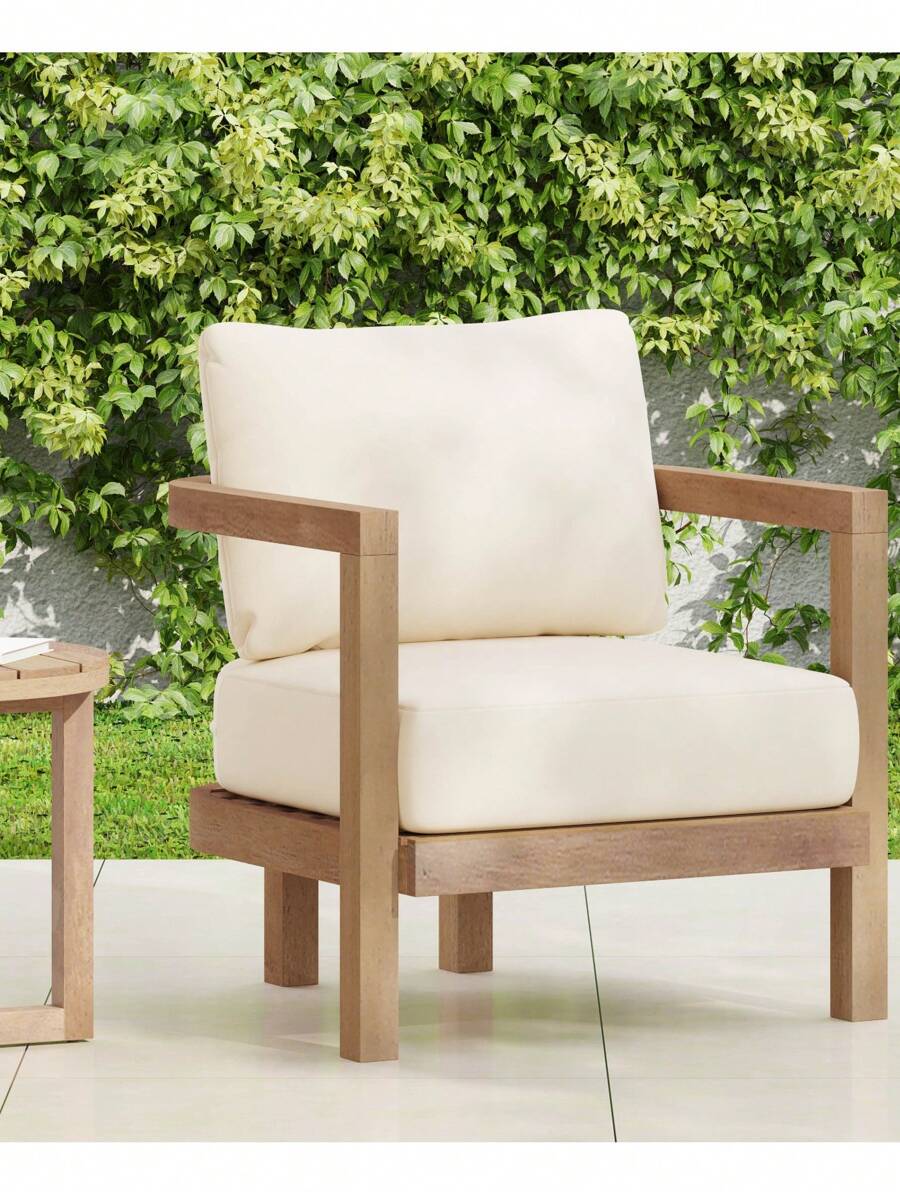 Outdoor Acacia Wood Patio Club Chair, Patio Furniture,Waterproof Thick Cushion Deep Seating For Porch, Garden, Backyard, Balcony, Weight Capacity 400lbs, Brown Wash, Beige Cushion - 米色 - 查看 1