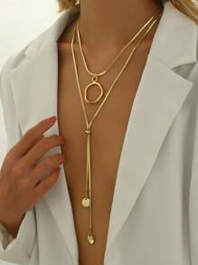 Collar largo en forma de Y con cadena de serpiente de diseño minimalista, estilo europeo - amarillo dorado - Ver 3