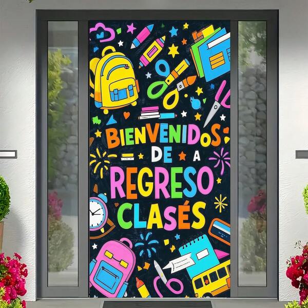 [Diseño Colorido] Pancarta de Vuelta a la Escuela para Fiesta - 35x70 Pulgadas de Tela de Poliéster con Marco, Decoración con Patrones Escolares Coloridos, Tijeras, Libros y Estrellas, Adecuado para Puerta Principal, Fondo de Fotos, Uso Interior/Exterior