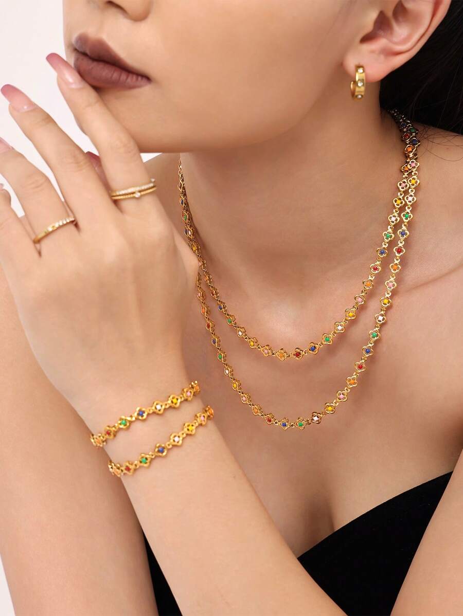 1 Piece Vintage Light Luxury 18K Gold Plated Stainless Steel Small Flower Handmade Chain Oil Drip Colorful Heavy Work Necklace Bracelet, Suitable For All Kinds Of Party Wear, Jewelry Necklace Gift For Friends, Family, Girlfriends