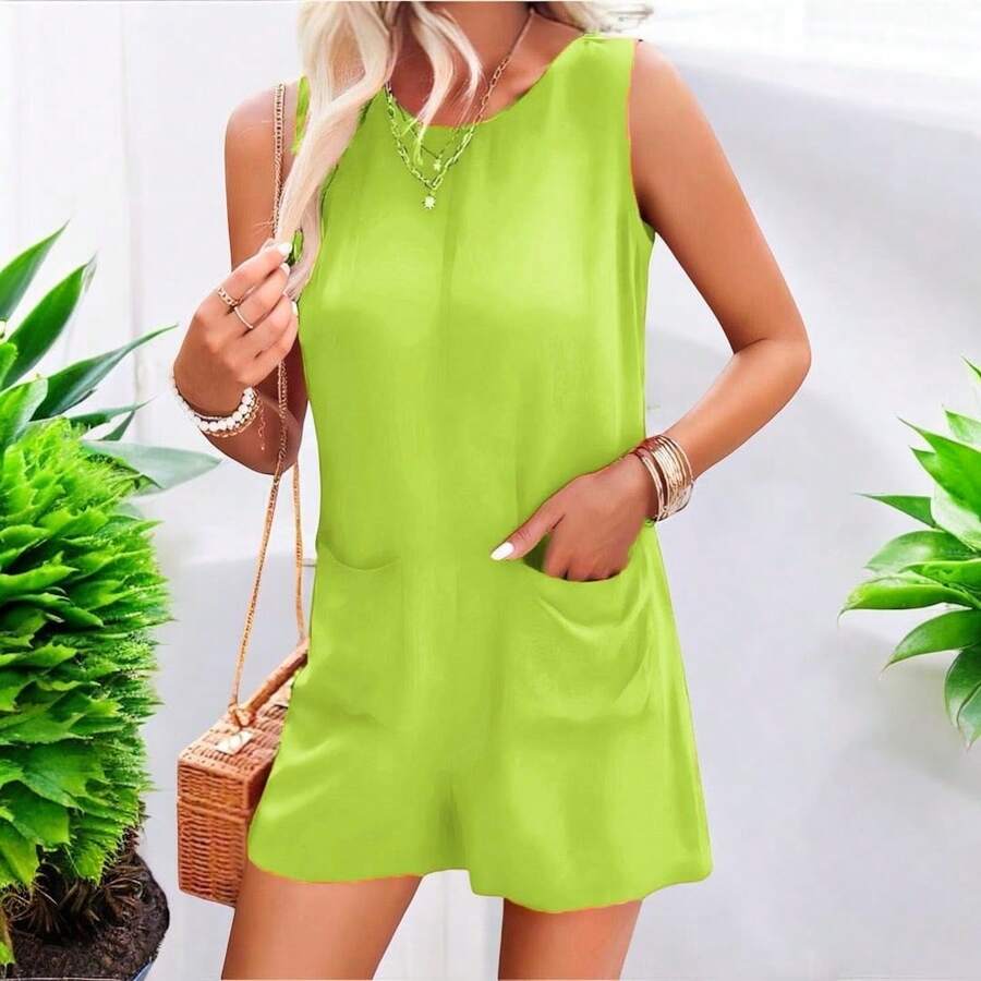 MONO JUMPSUIT SIN MANGA CON BOLSAS FRONTALES CASUAL PARA DAMA - Verde Lima - Ver 1
