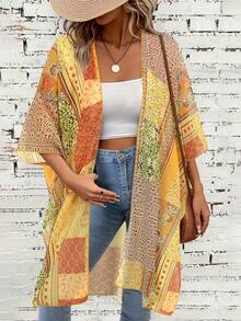 Summer And Spring Women's Splicing Printed Pattern Beach Wear, Loose Cover Top - Yellow - View 2