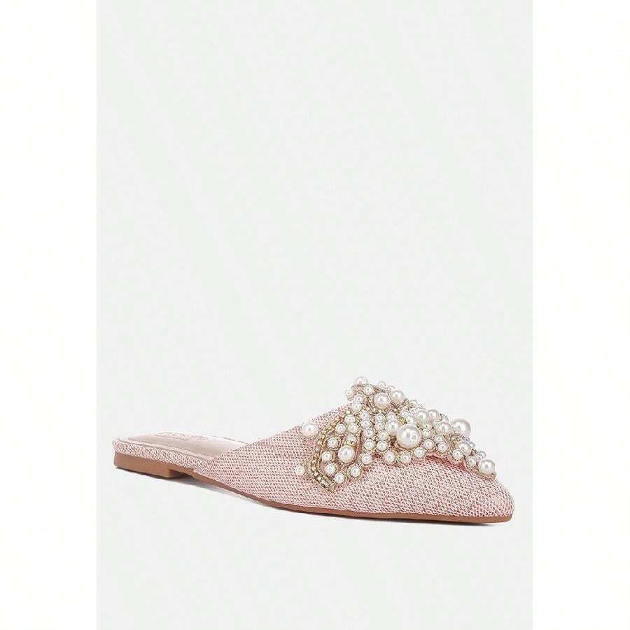 ASTRE Pearl Embellished Shimmer Mules In Blush