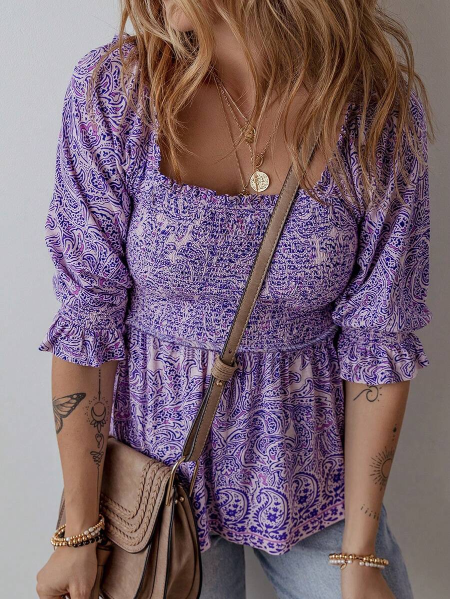 Fiyote Purple Boho Paisley Print Ruffle Hem Shirred Short Sleeve Casual Shirt - Purple - View 1