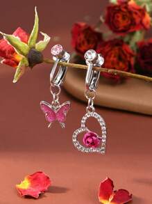 2pcs Pink Cubic Zirconia Heart, Butterfly, Rose Pattern Clip-On Fake Belly Button Rings, Stainless Steel Material, No Piercing Required, Suitable For Daily Wear, Valentine's Day Gift - Silvery - View 12