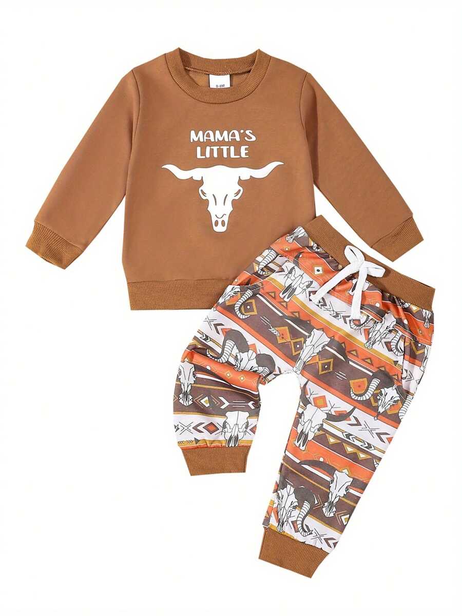 Conjunto de otoño de 2 piezas para bebé y niño pequeño con diseño de cabeza de vaca: sudadera de manga larga y pantalones elásticos - Marrón - Ver 1