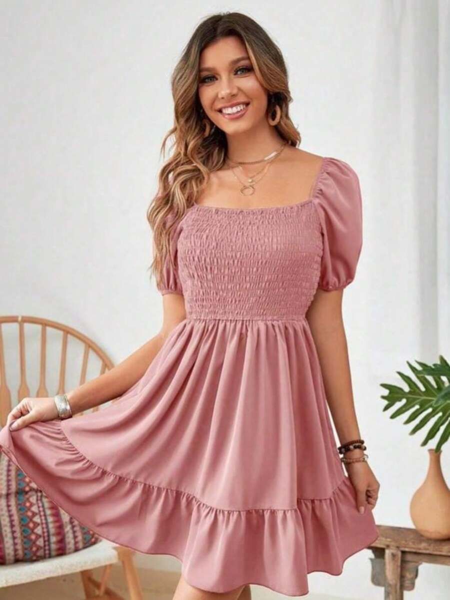 Short Peasant Dress With Short Sleeves - 粉色 - 查看 1