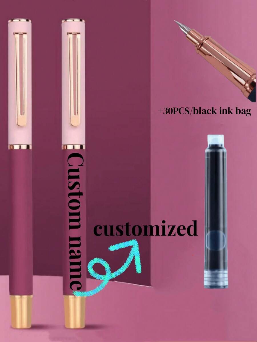 [Customized] Engraved On The Pen Shaft / Provide 1pc Elegant, Fashion, Beautiful Custom Ink Refillable Fountain Pen With 0.28mm Fine Nib / Smooth Writing, Comes With 30pcs Ink Cartridges 3.4mm In Diameter, Thoughtful Daily Writing/Calligraphy Pen, Personalized Gift For Valentine's Day, Christmas, Father's Day, Teacher's Day, Thanksgiving Back To School
