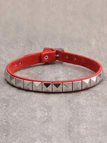 1pc Vintage Punk Square Studded PU Leather Choker Necklace, Black & Red, Suitable For Couples, Gift For Girlfriend