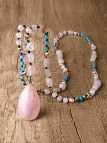 Bohemian Natural Pink Quartz Pendant Necklace, Handcrafted Beaded Long Chain For Women - Genuine Gemstone, No Plating, Rock Crystal Mosaic, Perfect For All Seasons, Valentines & Mother's Day Gift,Mom,Mother,Mother's Day,Gift - Multicolor - View 6