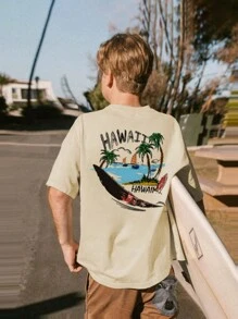A Casual Printed Round Neck Pullover Short Sleeved T-Shirt For Boys And Young Students In Summer - Sail Coconut Tree Seaside Colorful T-Shirt Brings Joy And Happiness To Every Child!Kids Clothes Boys Graphic Tees