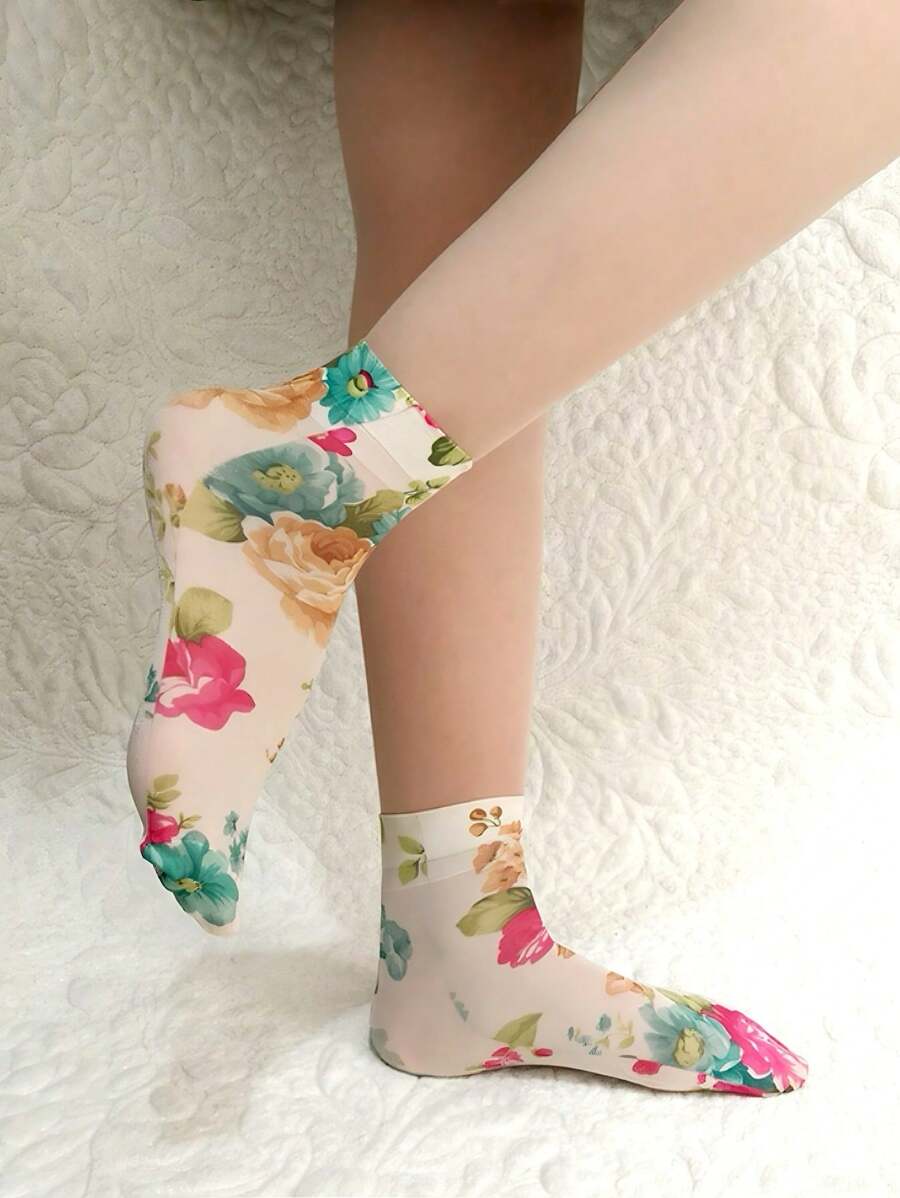 1 双时尚夏季透气薄款花卉和蝴蝶印花女式短袜，舒适吸湿排汗，时尚奢华，适合旅行、节日、派对、圣诞节、情人节，可作为送给妻子、女儿、母亲、日常穿着的礼物 - 彩色 - 查看 1