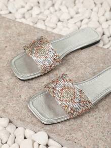 Women Plus Size 2025 Silver Metallic Glitter Decor Slides, Summer Fashion Sandals, Bohemian Style Flat Beach Slippers