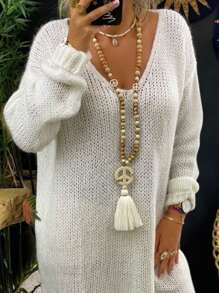 Bohemian Style Peace Sign Wooden Bead Long Necklace With Retro Tassel Pendant, Special Accessory For Sweaters - Multicolor - View 4