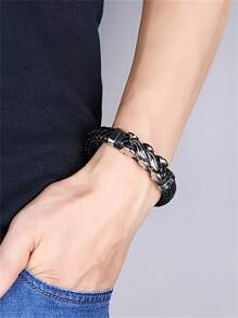 SeuSuk 1pc Newly Designed Classic Charm Men's Bracelet, Handmade Black Leather Magnetic Clasp Flame Bracelet, High Quality Punk Casual Jewelry Gift - Black - View 6