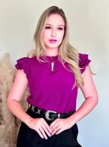Blusa  Feminina Moda Evangélica Social Manga Curta Trabalho - Roxo - Visão 3
