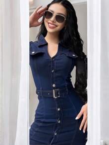 Vestido de Mezclilla Botones y Cinturón. - Azul lavado oscuro - Ver 2