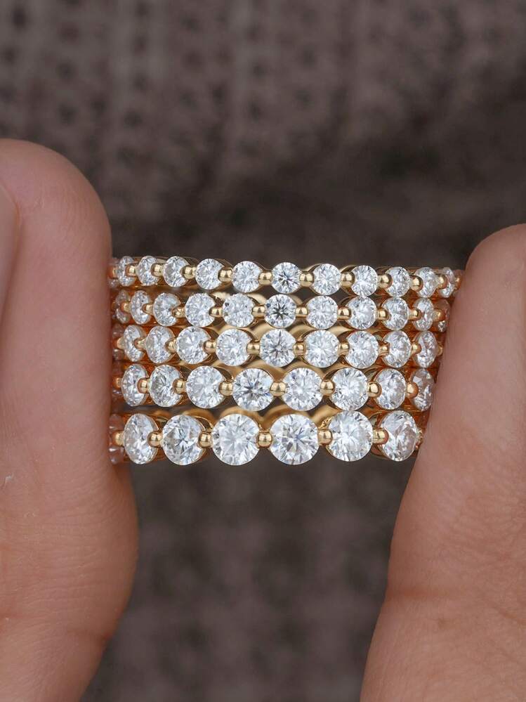 1 chiếc nhẫn cưới cắt tròn 1.5-2mm, nhẫn đính hôn kim cương kiểu nửa vĩnh cửu, có thể đeo chồng lên nhau, kiểu gắn đá một chấu. - Vàng - Xem 2