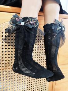 1 para dziewczęcych skarpetek z siateczki Pearl 3-warstwowej z kokardą w jednolitym kolorze