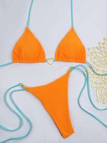 2024 Sexy Contrast Color Lace-Up Nylon Fabric Bikini Set, Swimwear For Women, Beach Holiday Spa - Orange - View 5