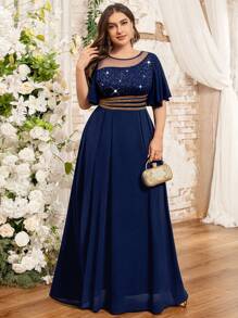 Plus Sequin Floral Lace Contrast Chiffon Butterfly Sleeve Formal Evening Party Dress, Elegant Prom Wedding Guest Dress, For Birthday, Graduation, Homecoming, Festivals - Navy Blue - View 11