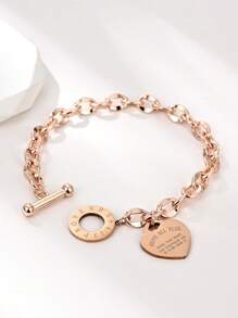 1 件女士不锈钢经典心形雕刻 O 形环唇链钛钢手链 - 玫瑰金 - 查看 4