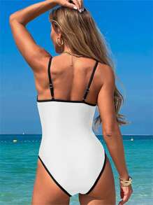 Women Monokini Swimsuit Summer Contrast Color Spaghetti Straps Sleeveless Swimwear For Beachwear Bathing Suits - White - View 6