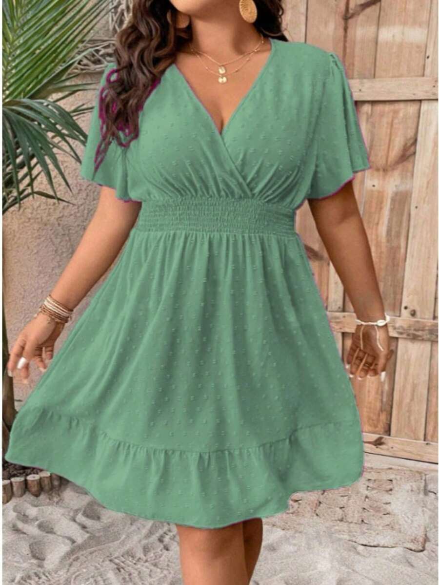 Duna Popcorn Plus Size Dress With Bat Sleeves And V-Neckline Wrapped Around - Mint Green - View 1