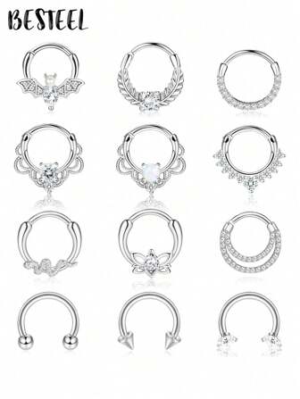 BESTEEL 1Pc Septum Rings 16G Daith Earrings Nose Rings Hoop Stainless Steel CZ Opal Cartilage Helix Tragus Earrings Septum Clicker Piercing Jewelry