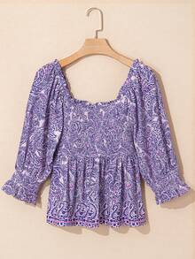Fiyote Purple Boho Paisley Print Ruffle Hem Shirred Short Sleeve Casual Shirt - Purple - View 5