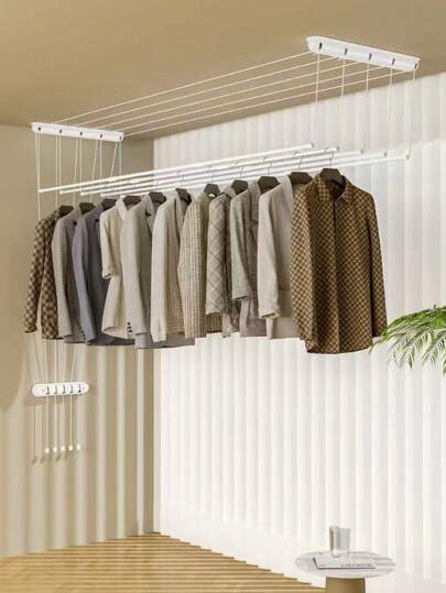 Tendedero de Techo Manual Ajustable de 180 cm con Sistema de Elevación, Barras de Acero Inoxidable Resistente, Ahorra Espacio, Ideal para Baño y Balcón, Diseño Blanco Minimalista para el Hogar