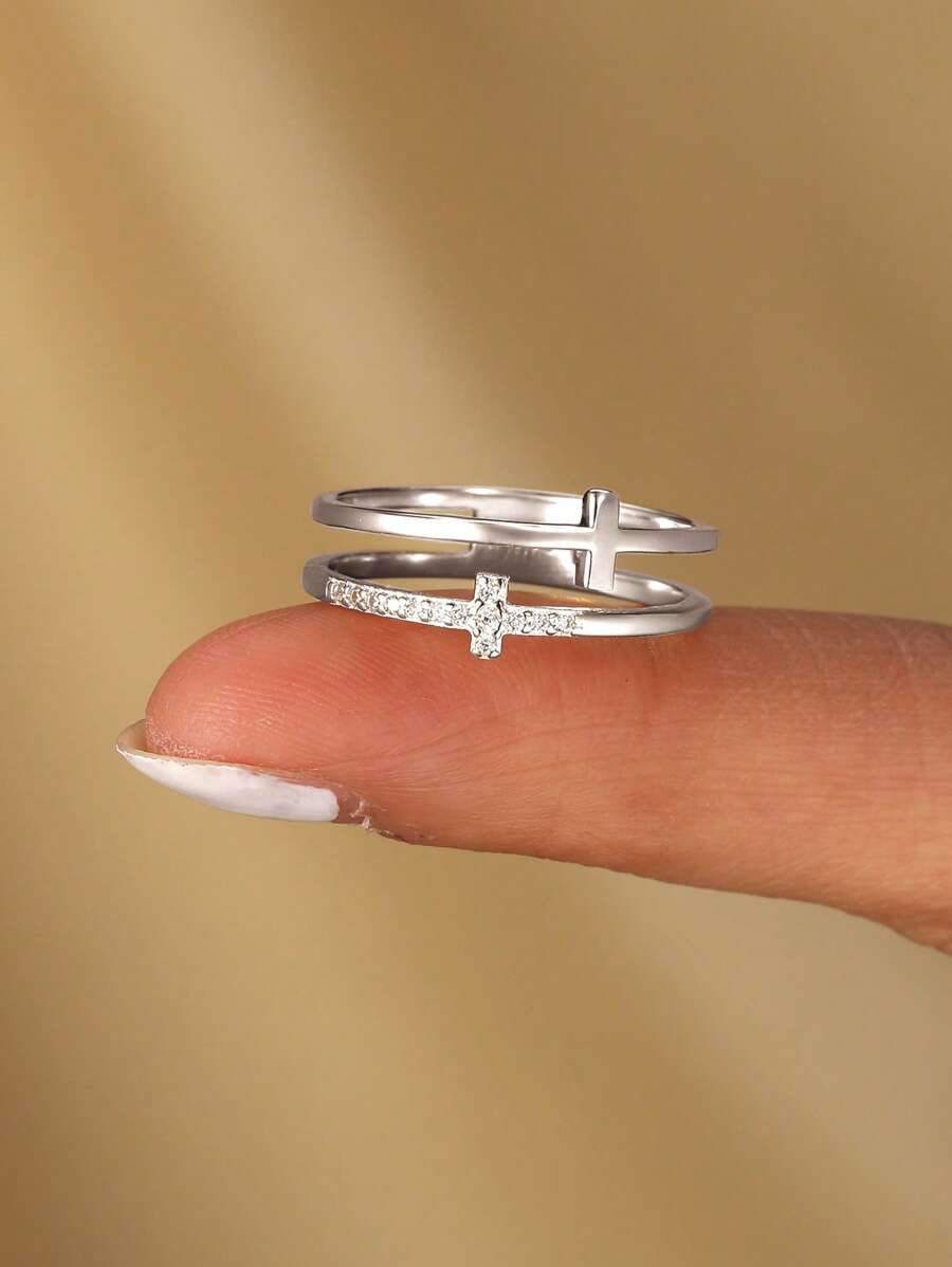 BALMORA 1枚S925纯银双层十字架立方氧化锆戒指，复古派对/约会礼物，日常佩戴生日礼物